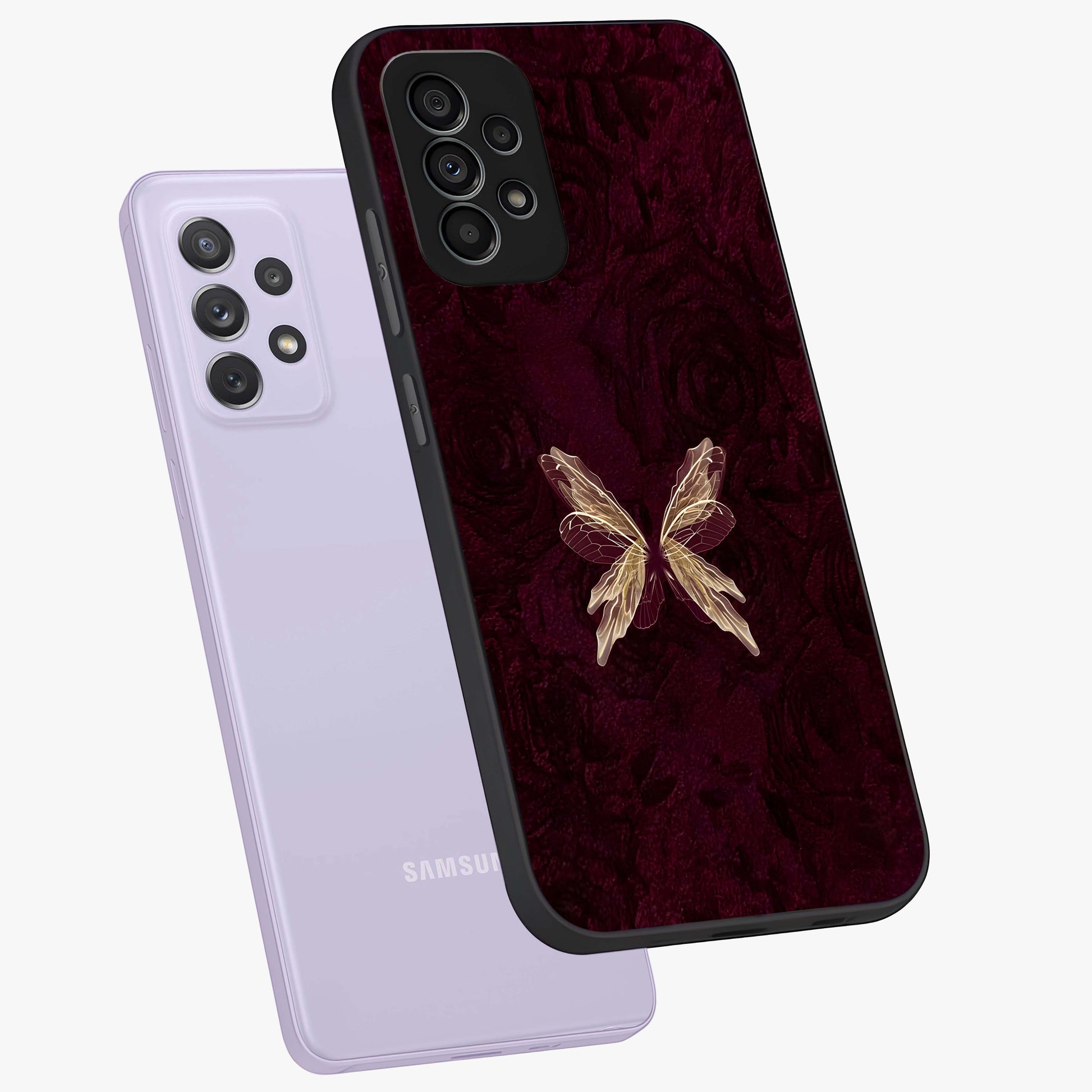 Crimson Fade Butterfly Glass Case displayed in angled mockup highlighting elegant butterfly design with crimson gradient aesthetic.