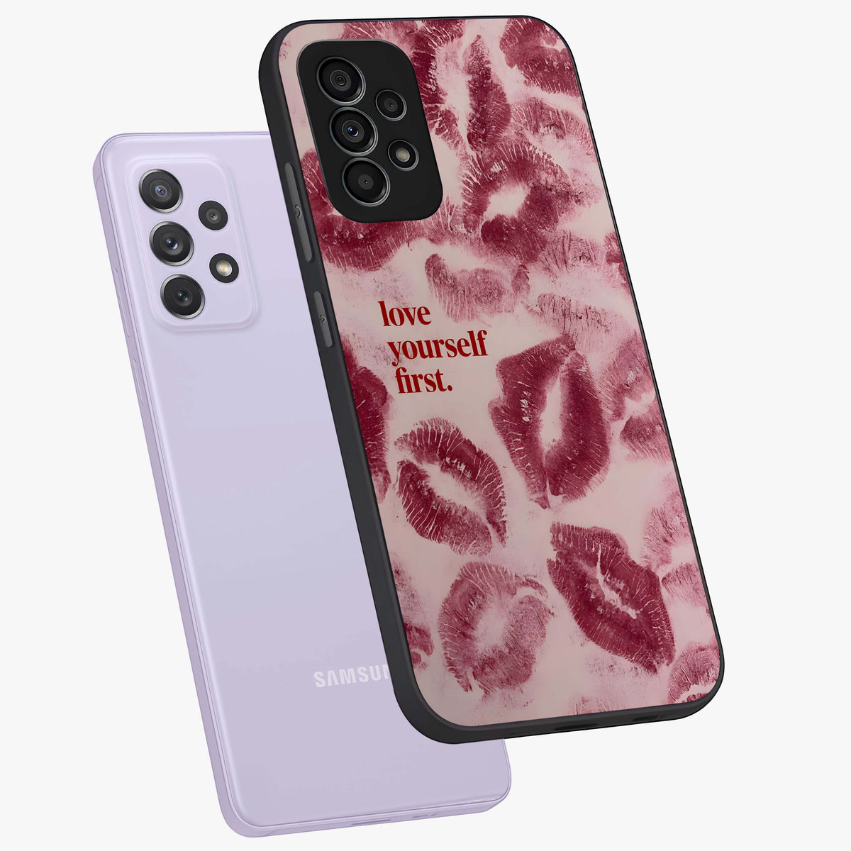 Crimson Kiss Love Glass Case displayed in angled mockup highlighting bold love inspired design with modern aesthetic style.