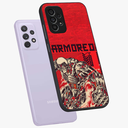 Crimson Mecha Titan Glass Case displayed in angled mockup highlighting futuristic mech illustration with bold crimson aesthetic.