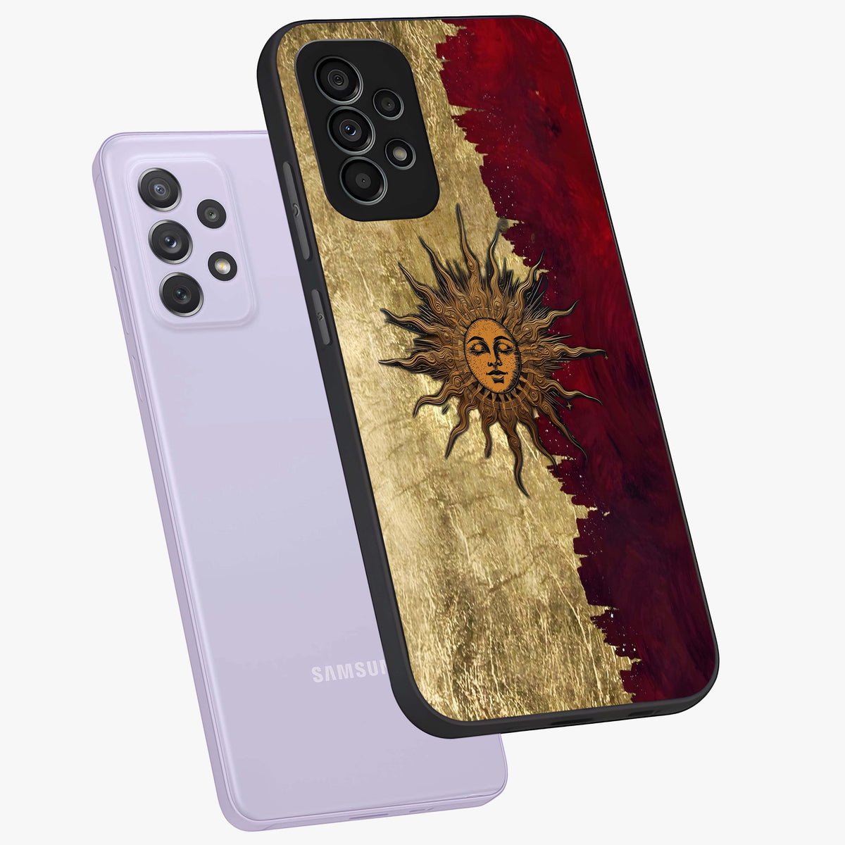 Crimson Sun Majesty Glass Case displayed in angled mockup highlighting majestic crimson sun design with bold aesthetic style.