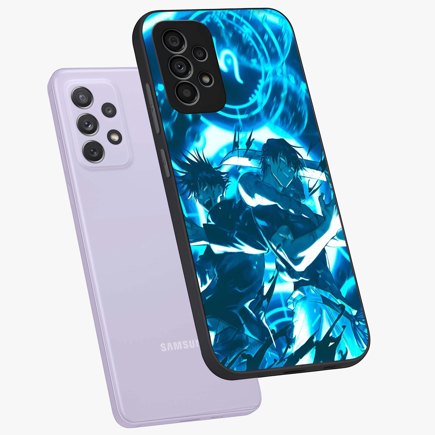 Cursed Energy Clash Glass Case displayed in angled mockup highlighting powerful battle inspired graphic with anime style aesthetic.