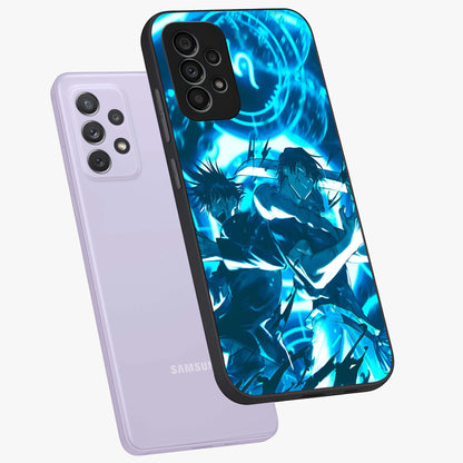 Cursed Energy Clash Glass Case displayed in angled mockup highlighting powerful battle inspired graphic with anime style aesthetic.