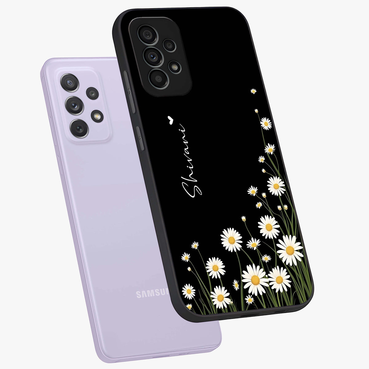 Daisy Cascade Custom Name Glass Case displayed in angled mockup highlighting delicate daisy artwork with custom name feature.