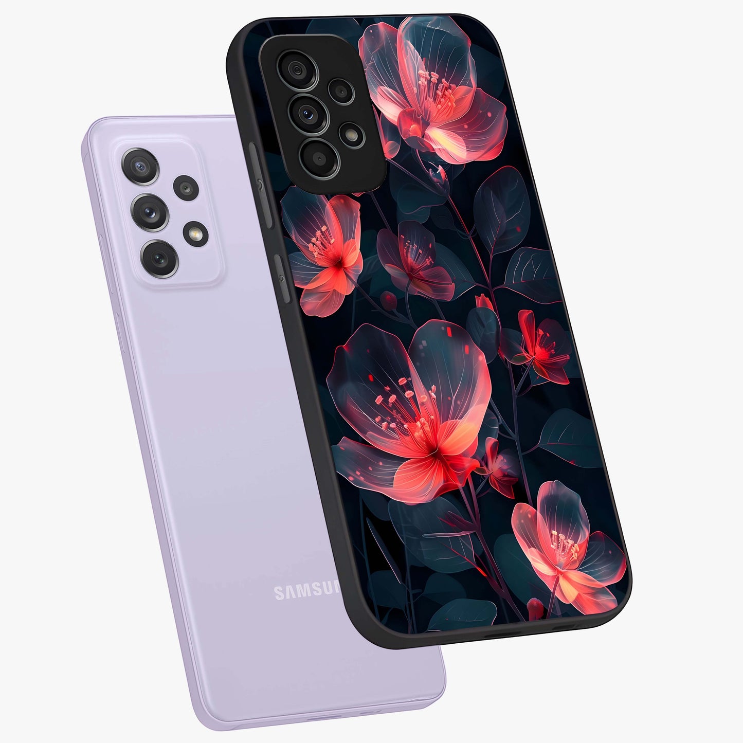 Dark Shade of Flower Glass Case displayed in angled mockup highlighting moody floral illustration with aesthetic dark tones.