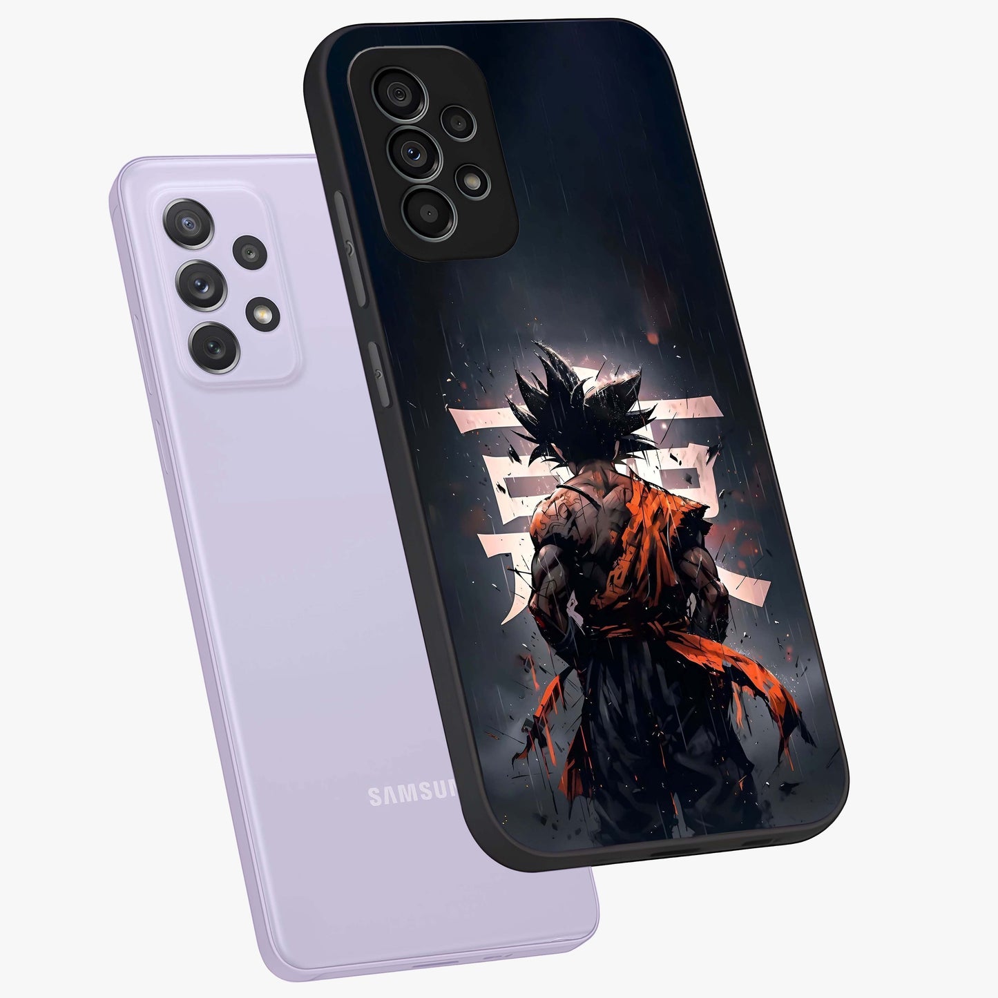 Dark Warrior In Rain Glass Case displayed in angled mockup highlighting dramatic warrior illustration with dark rain aesthetic.