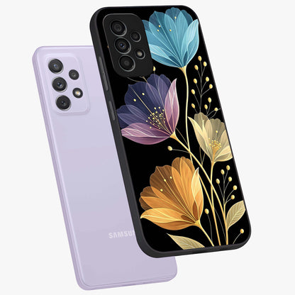 Delicate Multicolor Flowers Glass Case displayed in angled mockup highlighting colorful flower pattern with soft aesthetic style.