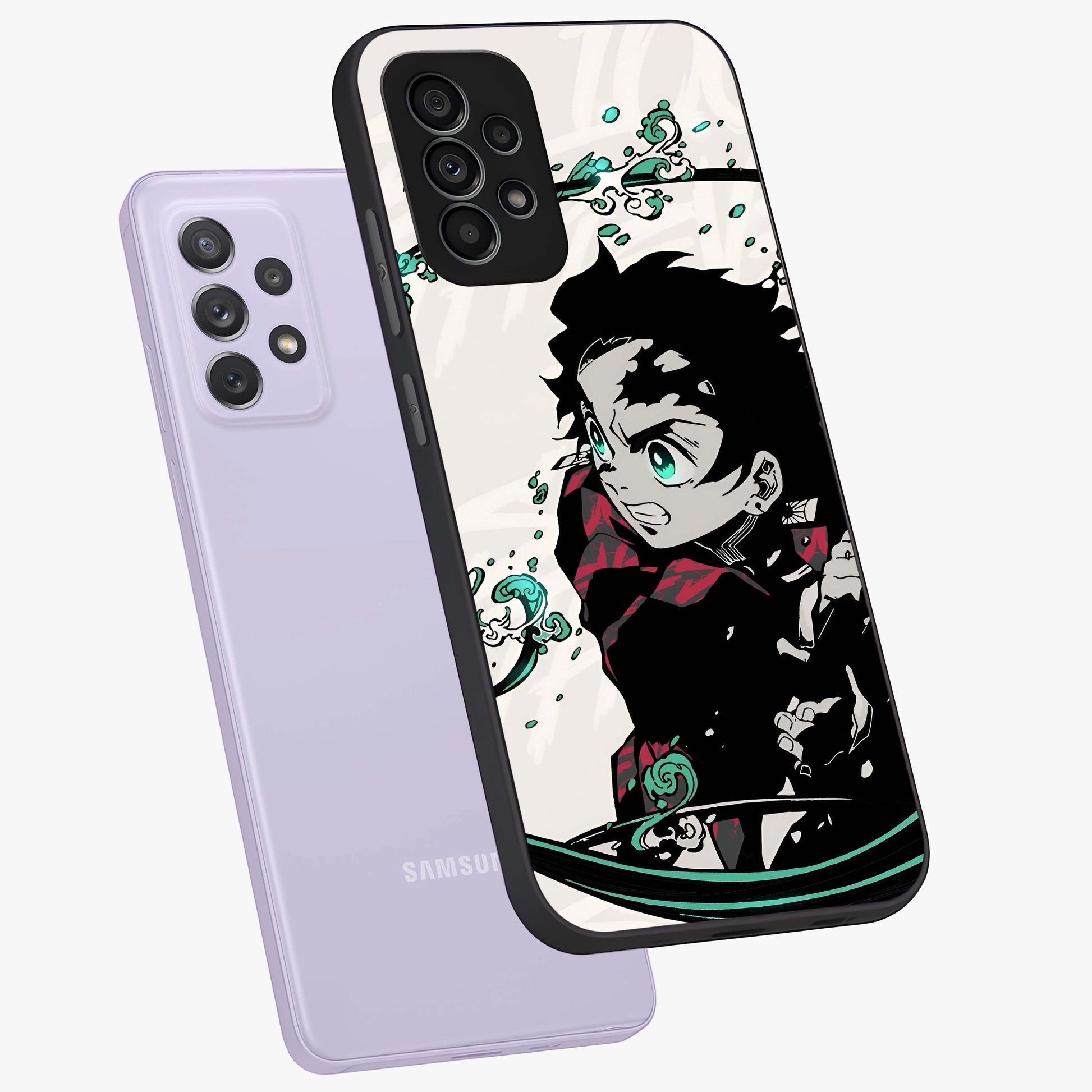 Demon Slayer Glass Case displayed in angled mockup highlighting dramatic anime character design with action aesthetic.