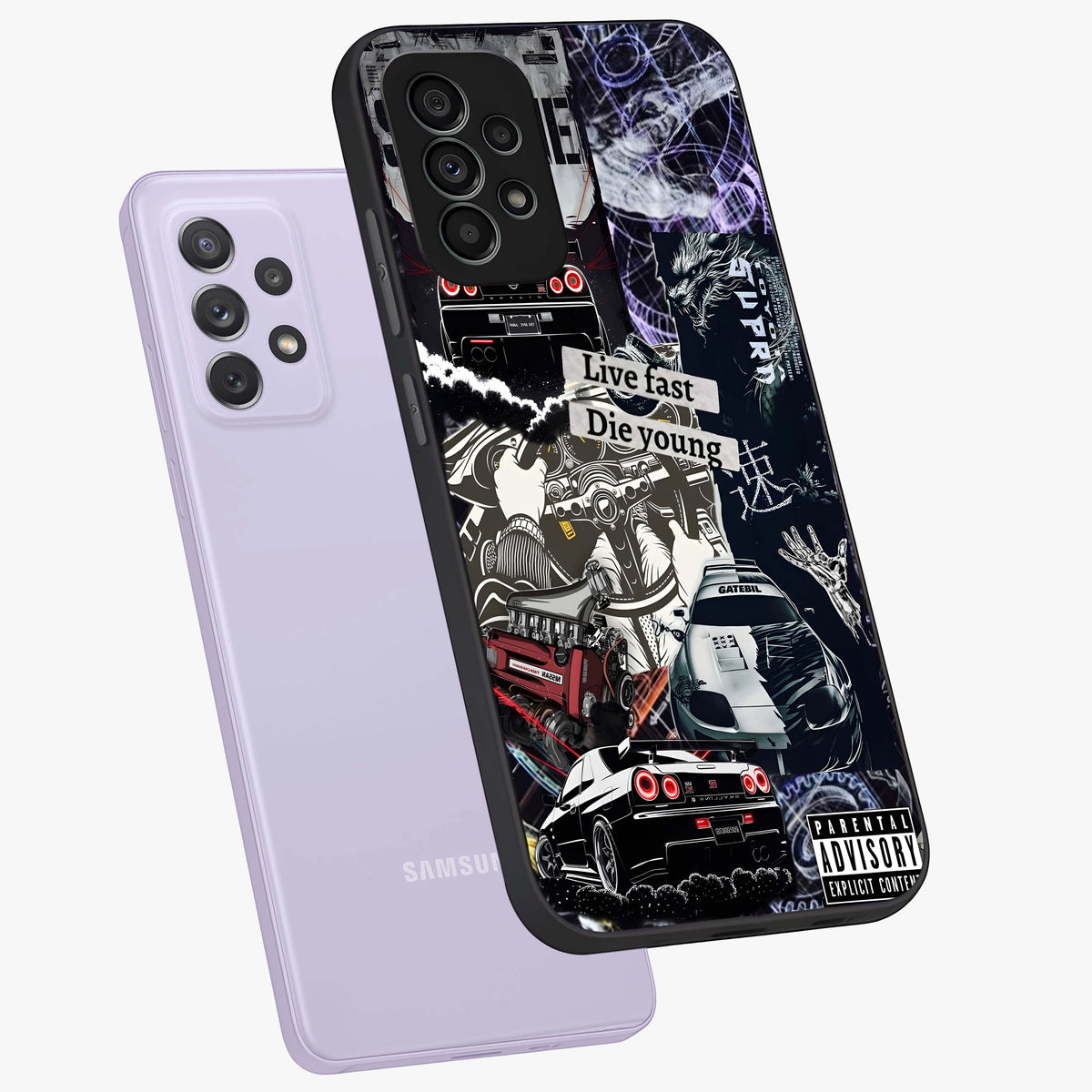 Die Young Glass Case displayed in angled mockup highlighting expressive graphic artwork with edgy aesthetic style.