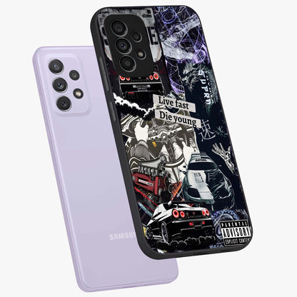 Die Young Glass Case displayed in angled mockup highlighting expressive graphic artwork with edgy aesthetic style.