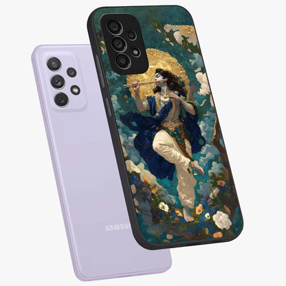 Divine Krishna Art Glass Case displayed in angled mockup highlighting spiritual Krishna illustration with devotional aesthetic.