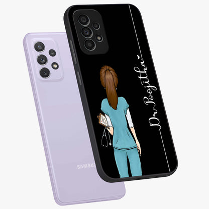 Doctor Pattern Custom Name Glass Case displayed in angled mockup highlighting doctor inspired artwork with custom name feature.