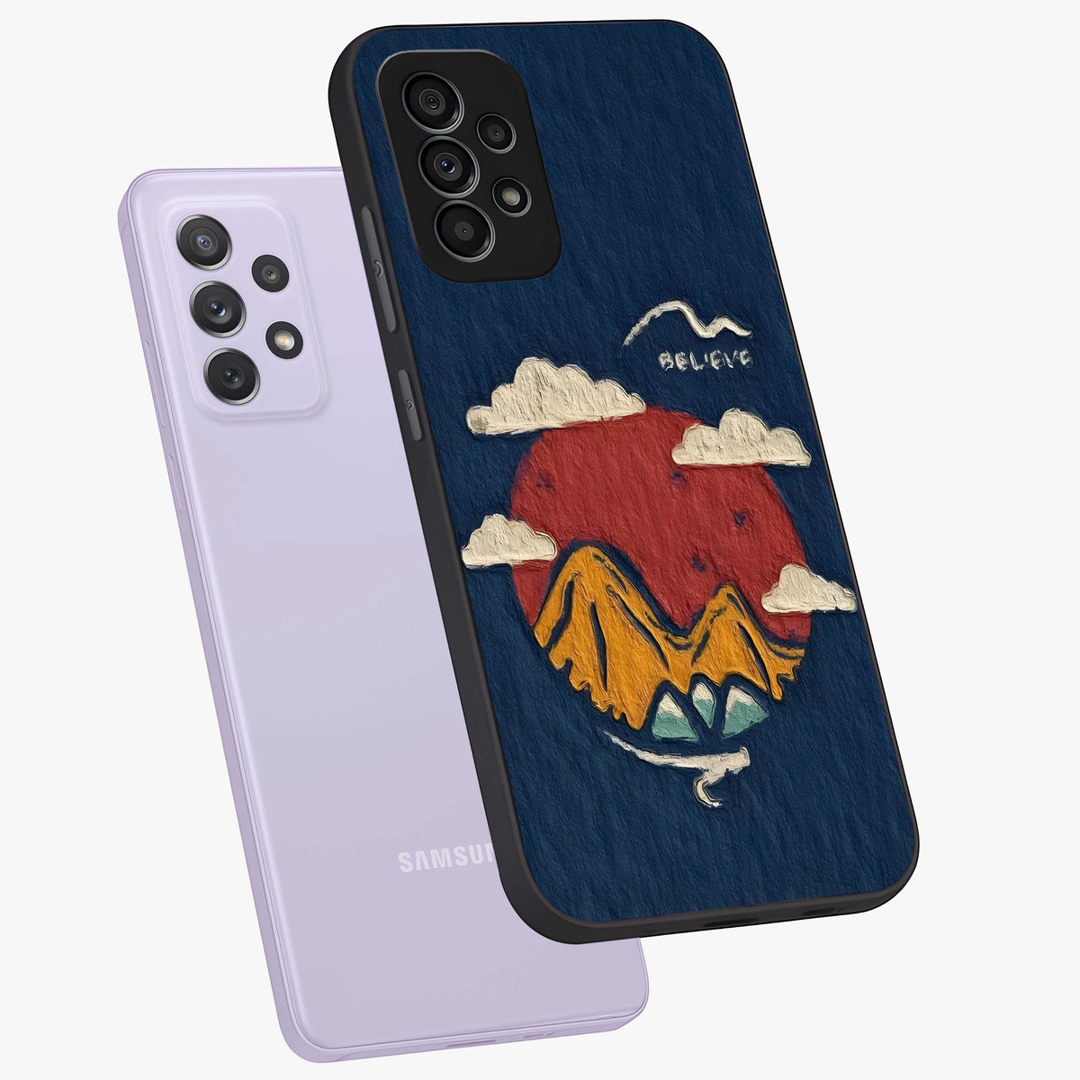 Dream Beyond Mountains Glass Case displayed in angled mockup highlighting dreamy mountain illustration with peaceful aesthetic.