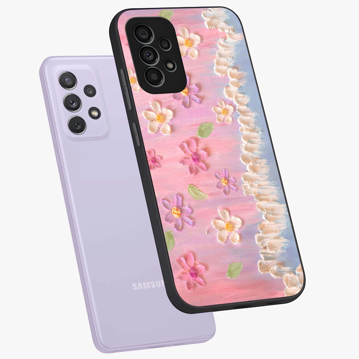 Dreamy Painted Garden Glass Case displayed in angled mockup highlighting colorful garden illustration with dreamy aesthetic style.