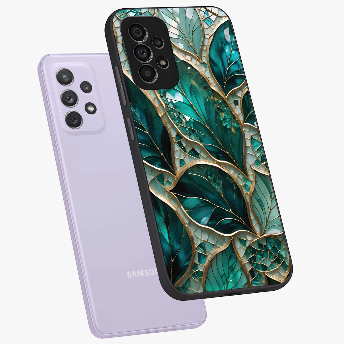 Emerald Leaf Glass Glass Case displayed in angled mockup highlighting botanical leaf illustration with elegant natural aesthetic.