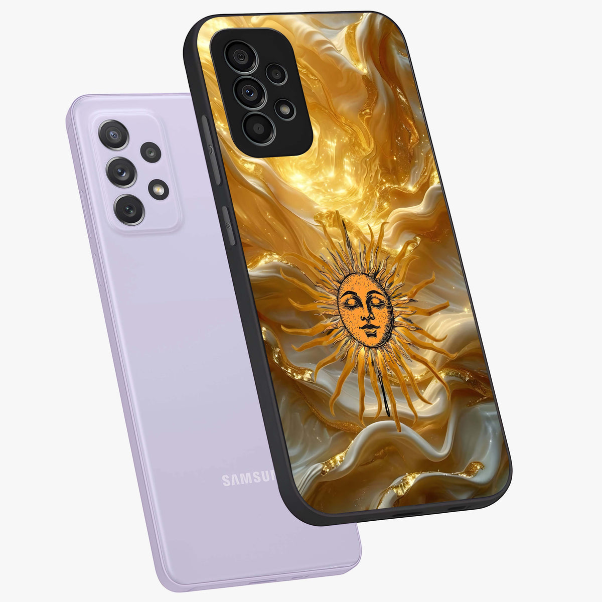 Eternal Golden Glow Glass Case displayed in angled mockup highlighting glowing golden aesthetic design with elegant style.