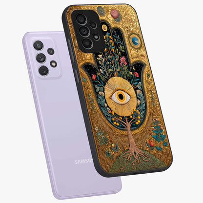 Ethereal Evil Eye Glass Case displayed in angled mockup highlighting protective evil eye symbol with spiritual aesthetic design.