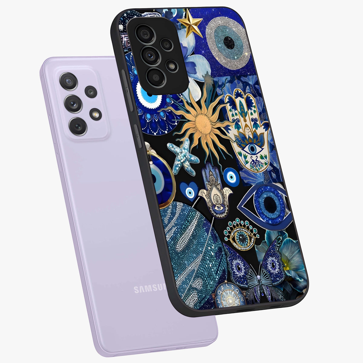 Evil Eye Charm Mix Glass Case displayed in angled mockup highlighting protective evil eye symbols with spiritual aesthetic design.