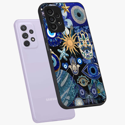 Evil Eye Charm Mix Glass Case displayed in angled mockup highlighting protective evil eye symbols with spiritual aesthetic design.