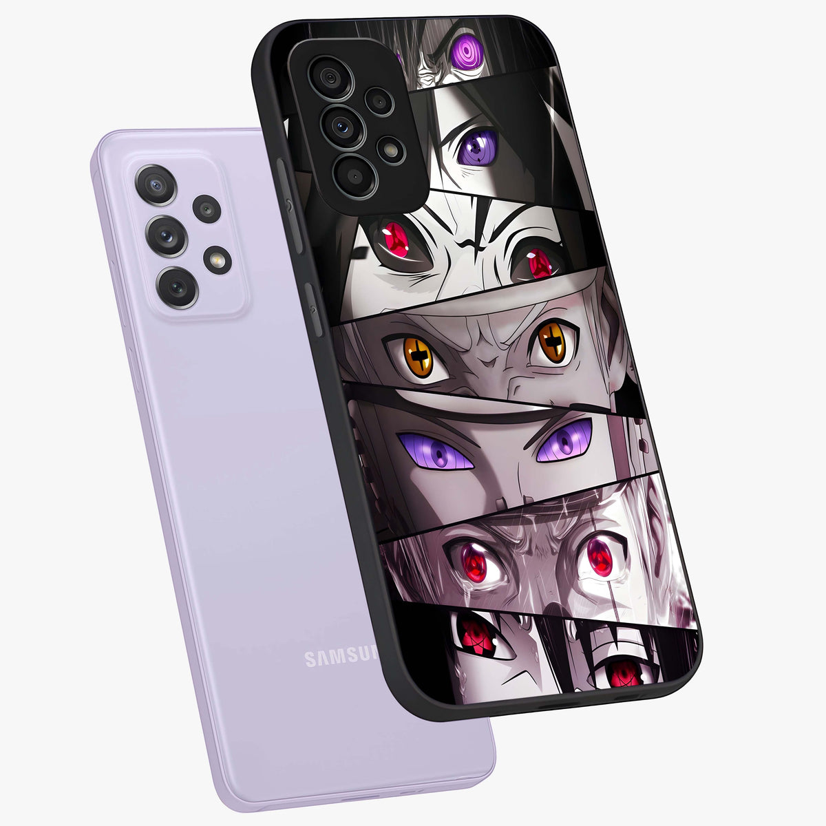 Eyes of Destiny Glass Case displayed in angled mockup highlighting bold eye illustration with mystical aesthetic style.