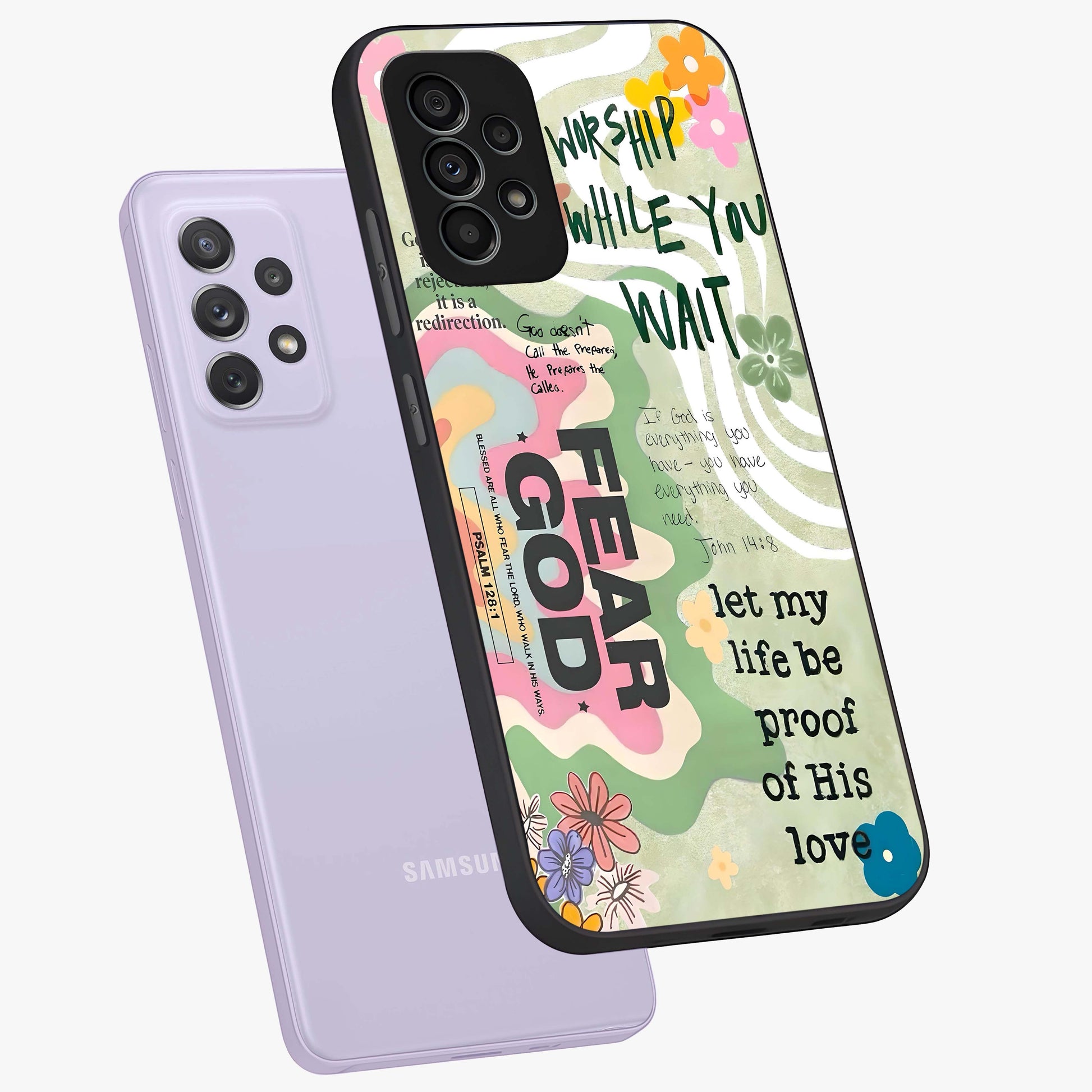 Faith Over Fear Glass Case displayed in angled mockup highlighting inspirational message design with modern aesthetic style.