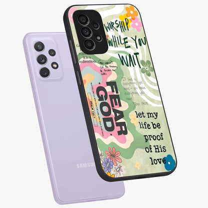 Faith Over Fear Glass Case displayed in angled mockup highlighting inspirational message design with modern aesthetic style.