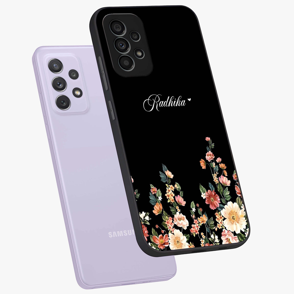 Floral Design With a Custom Personalized Name Glass Case displayed in angled mockup highlighting elegant floral pattern with custom name feature.