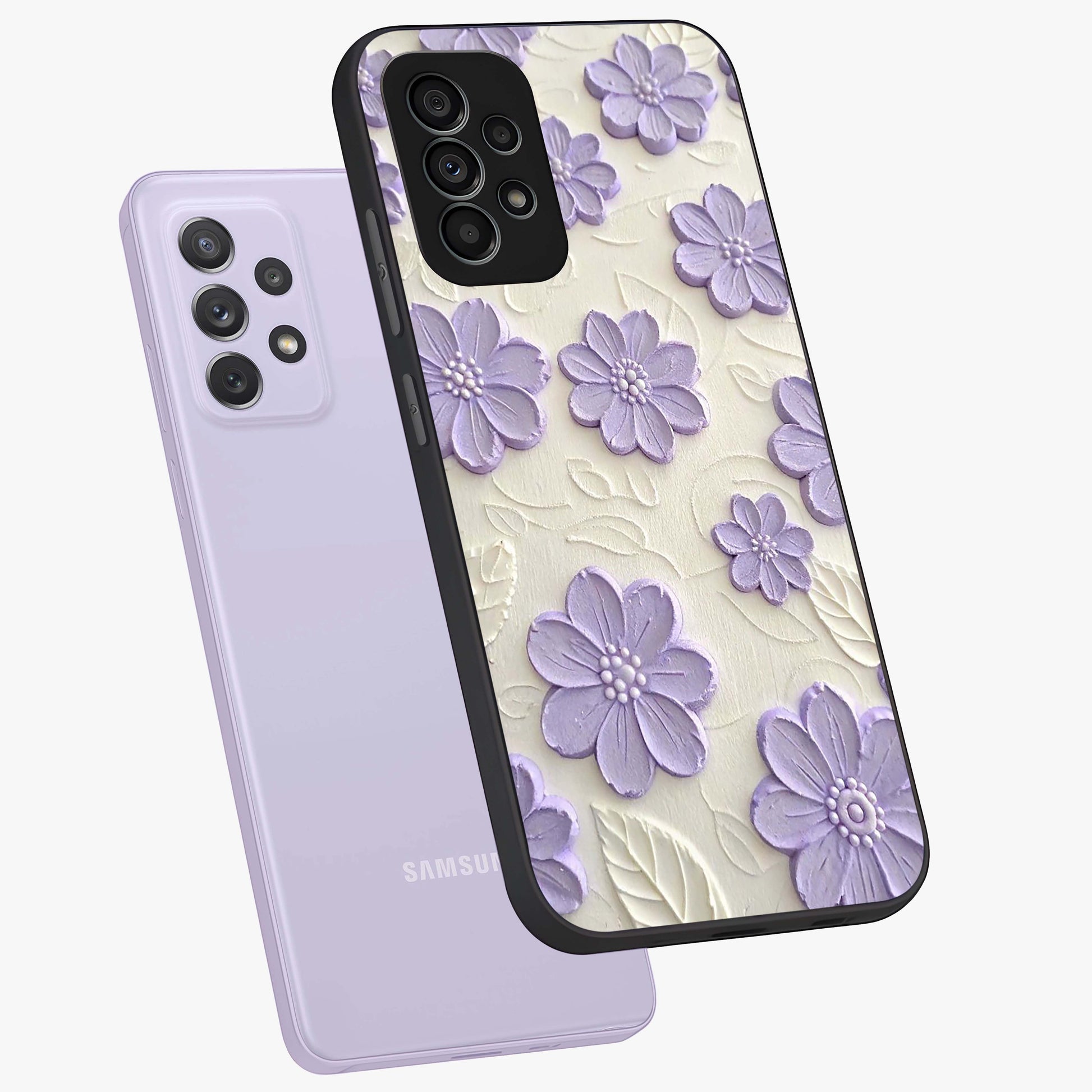 Floral Wall Art With Purple Flowers Glass Case displayed in angled mockup highlighting vibrant purple floral illustration with artistic aesthetic.