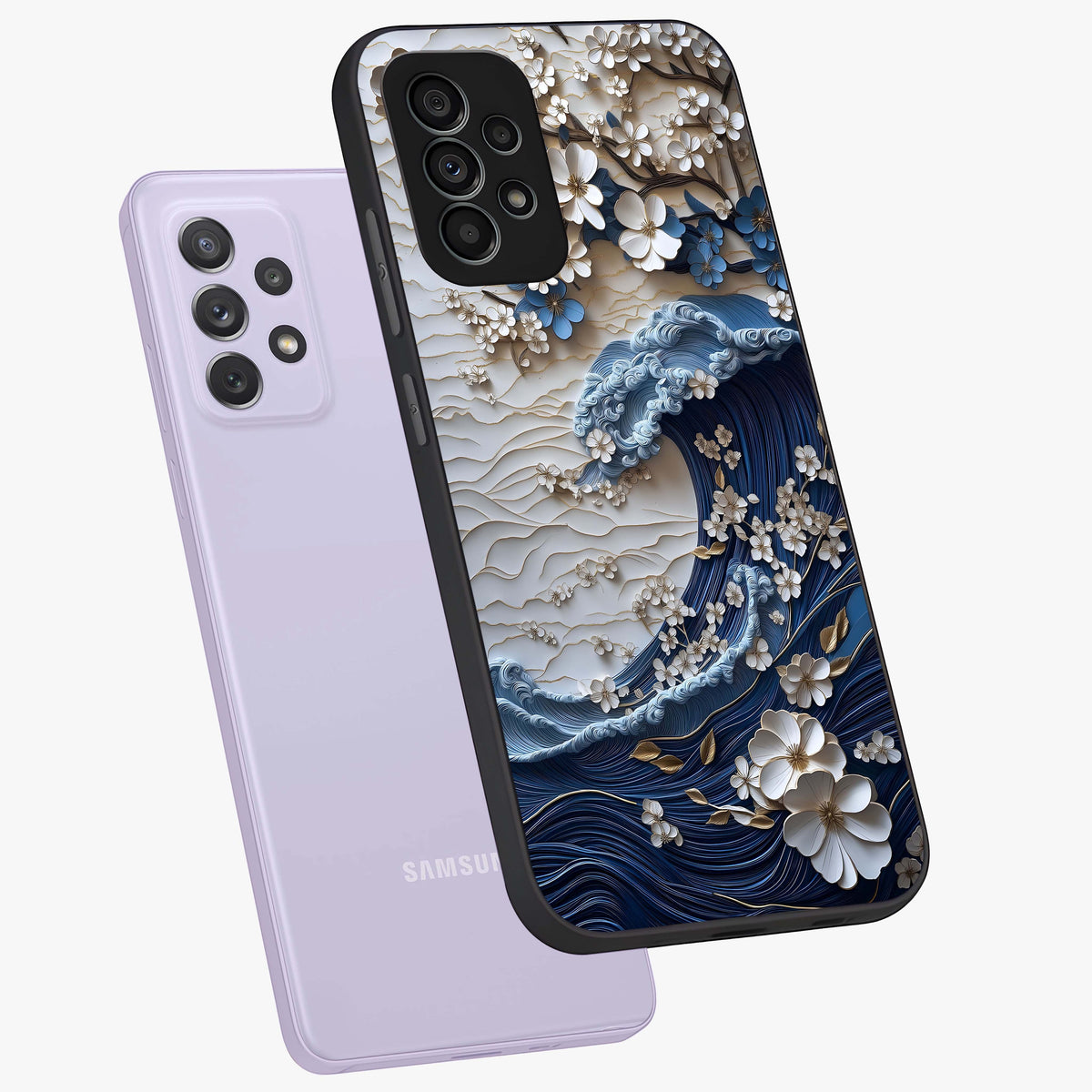 Floral Wave Origami Glass Case displayed in angled mockup highlighting geometric origami flower design with modern aesthetic style.