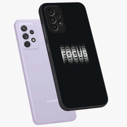 Focus Mode On Glass Case displayed in angled mockup highlighting clean minimal text artwork with modern aesthetic style.