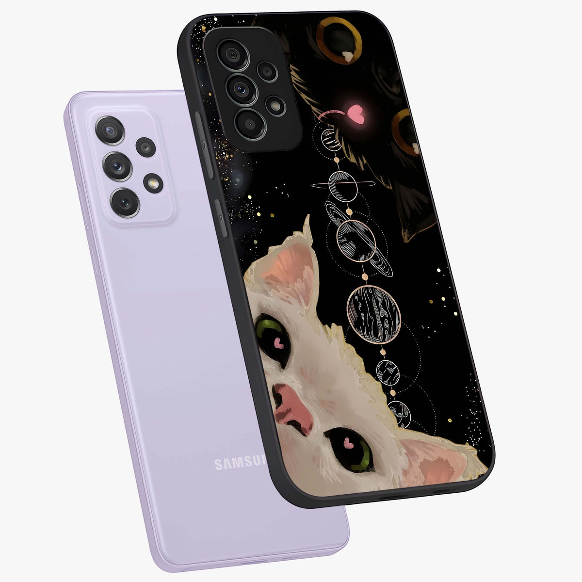 Galactic Cat Glass Case displayed in angled mockup highlighting celestial feline illustration with galaxy aesthetic style.