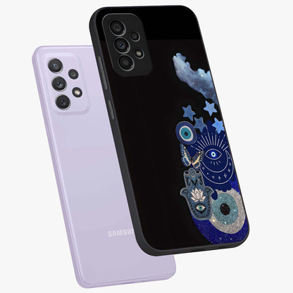 Galactic Charm Cluster Glass Case displayed in angled mockup highlighting luminous galaxy inspired design with dreamy aesthetic.