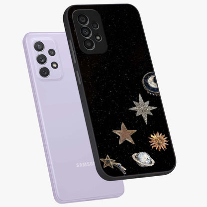 Galactic Charm Glow Glass Case displayed in angled mockup highlighting luminous galaxy inspired design with dreamy aesthetic.