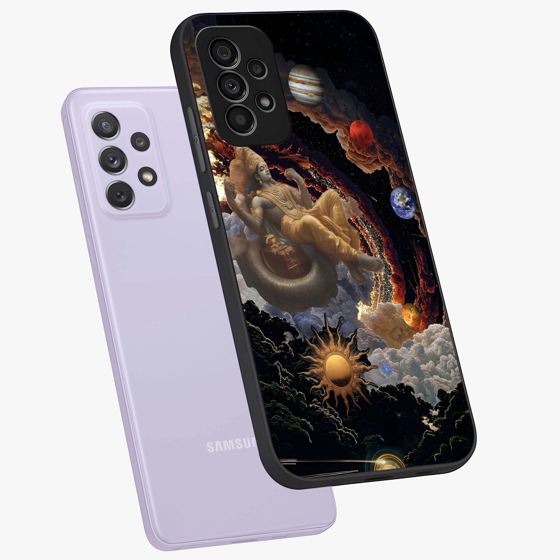 Galactic Divine God Glass Case displayed in angled mockup highlighting powerful celestial deity illustration with galactic aesthetic.