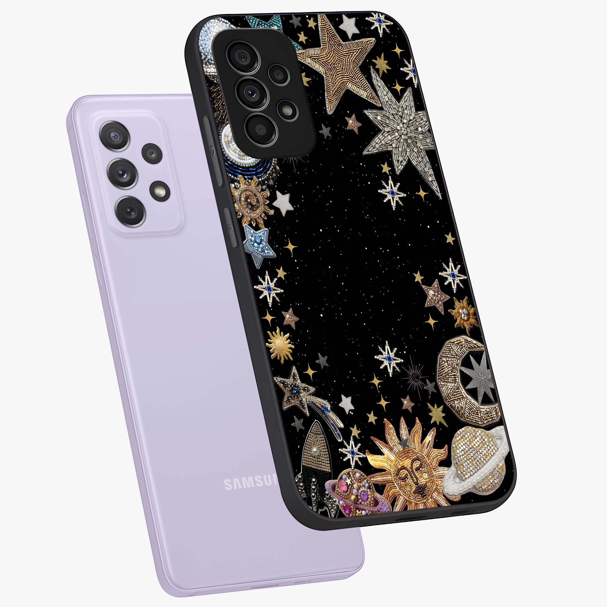 Galactic Jewel Stars Glass Case displayed in angled mockup highlighting shining celestial star design with cosmic aesthetic style.