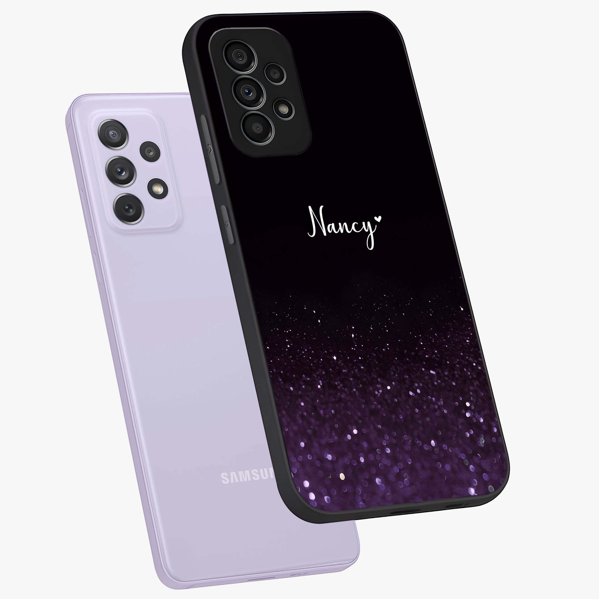 Glittery Purple Bokeh Custom Name Glass Case displayed in angled mockup highlighting glitter bokeh pattern with custom name feature.