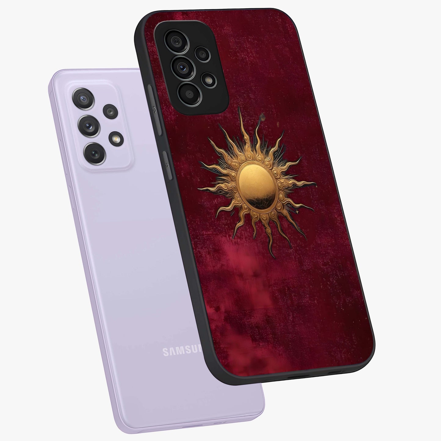 Golden Sun Minimalism Glass Case displayed in angled mockup highlighting clean sun symbol design with modern minimal aesthetic.