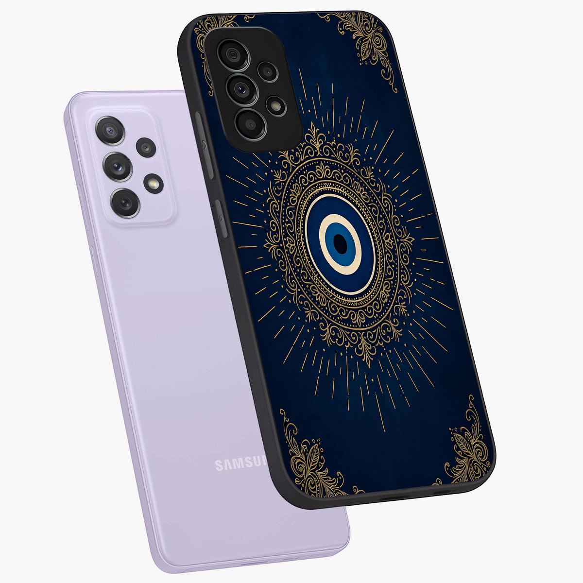 Golden Celestial Charm Glass Case displayed in angled mockup highlighting sparkling cosmic charm design with celestial aesthetic.