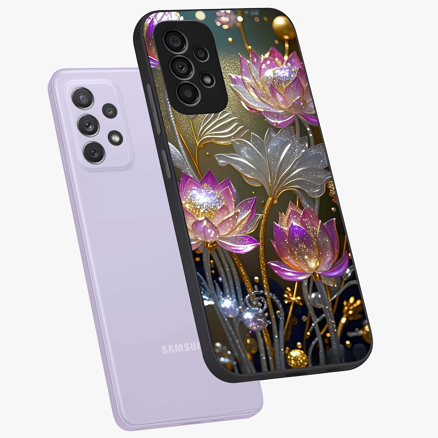 Golden Floral Majesty Glass Case displayed in angled mockup highlighting elegant flower design with royal golden aesthetic.