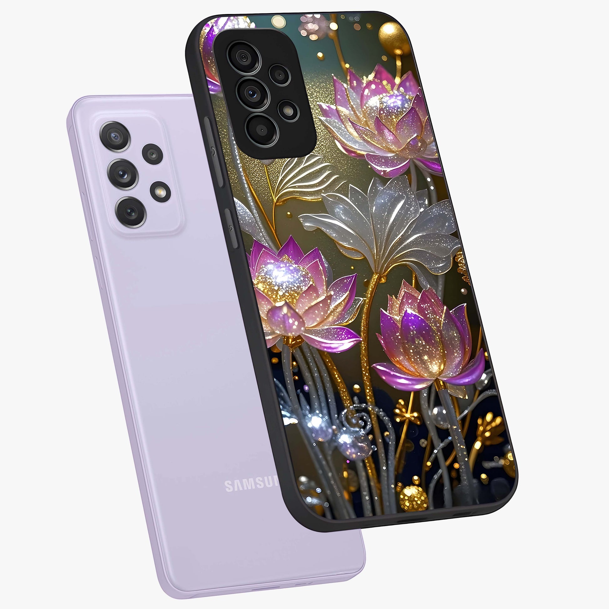 Golden Floral Majesty Glass Case displayed in angled mockup highlighting elegant flower design with royal golden aesthetic.