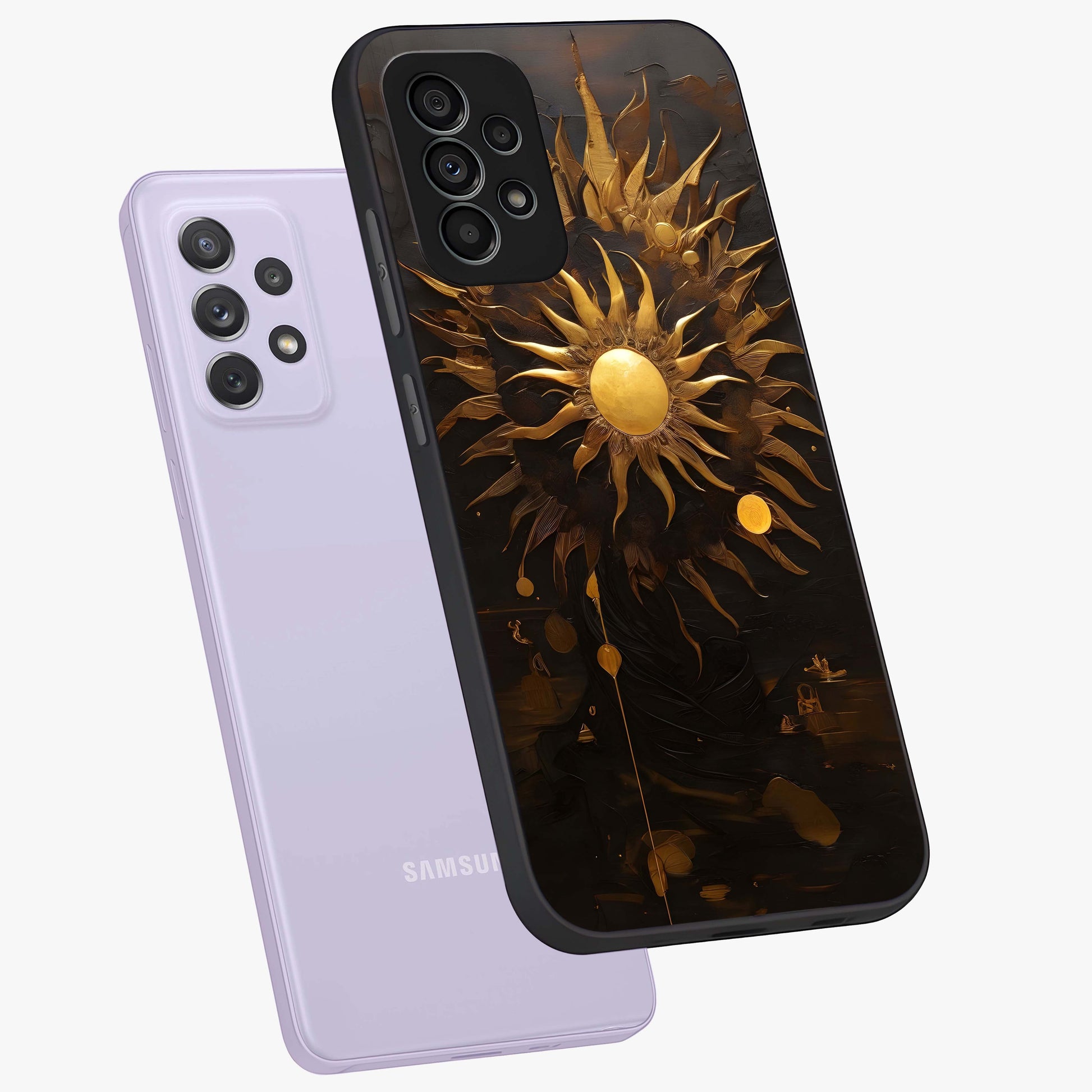 Golden Sun Majesty Glass Case displayed in angled mockup highlighting eerie shadow illustration with gothic aesthetic.