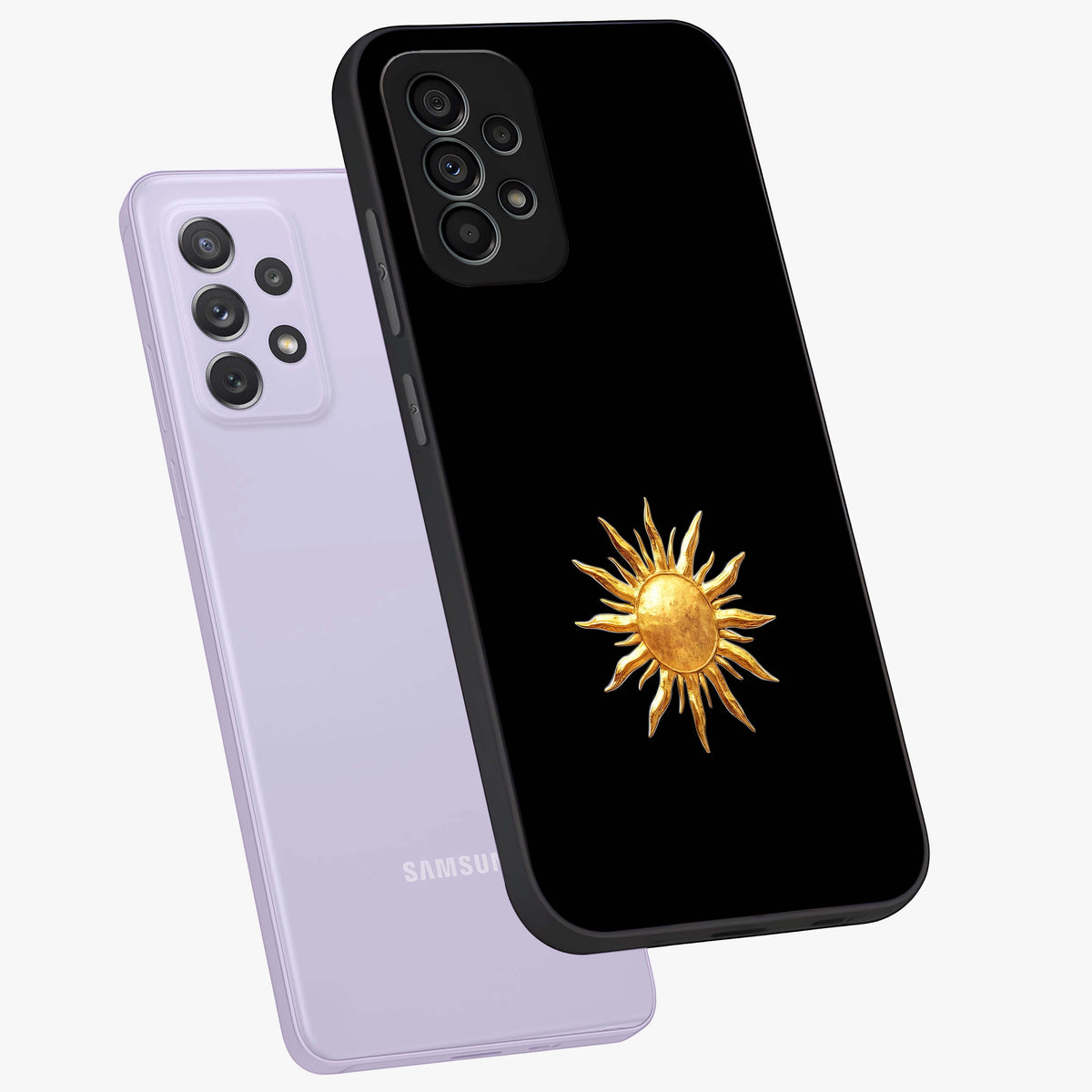 Golden Sun Minimalism Glass Case displayed in angled mockup highlighting eerie shadow illustration with gothic aesthetic.