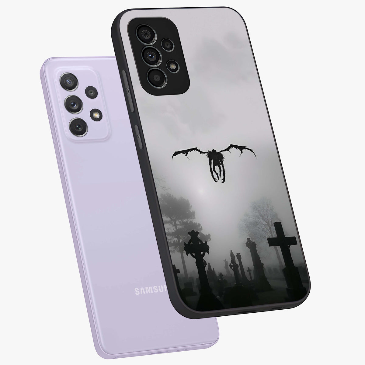 Graveyard Shadow Descent Glass Case displayed in angled mockup highlighting eerie shadow illustration with gothic aesthetic.