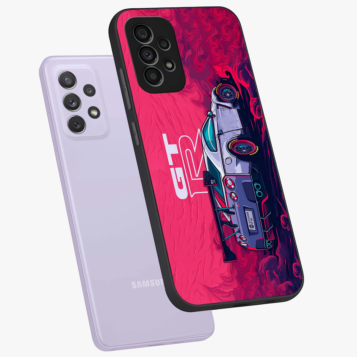 GT-R Car Pattern Glass Case displayed in angled mockup highlighting racing car graphic design with bold automotive aesthetic.