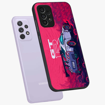 GT-R Car Pattern Glass Case displayed in angled mockup highlighting racing car graphic design with bold automotive aesthetic.