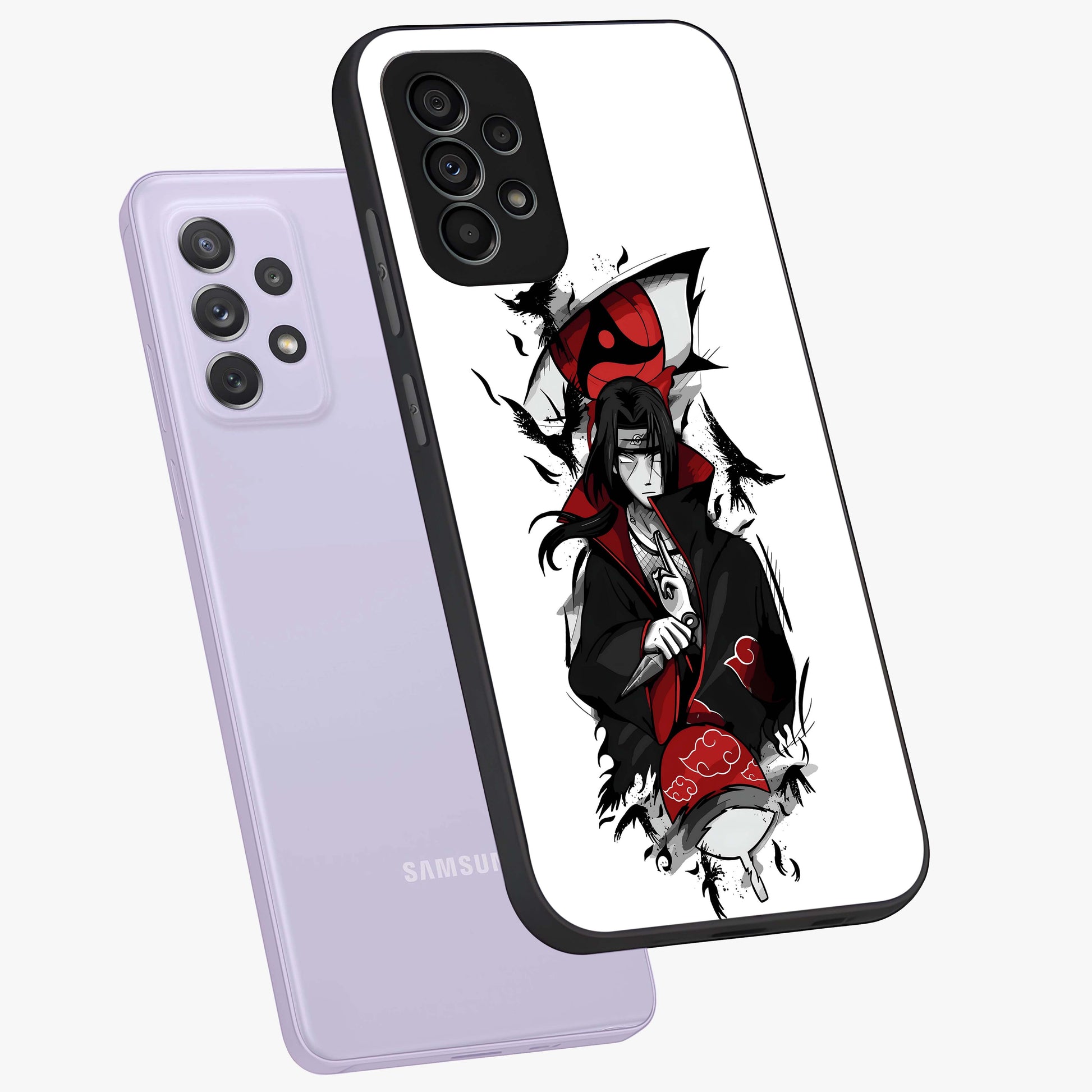 Itachi Limited Edition Naruto Anime Glass Case displayed in angled mockup highlighting dramatic anime illustration with bold action aesthetic.