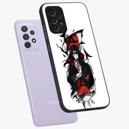Itachi Limited Edition Naruto Anime Glass Case displayed in angled mockup highlighting dramatic anime illustration with bold action aesthetic.