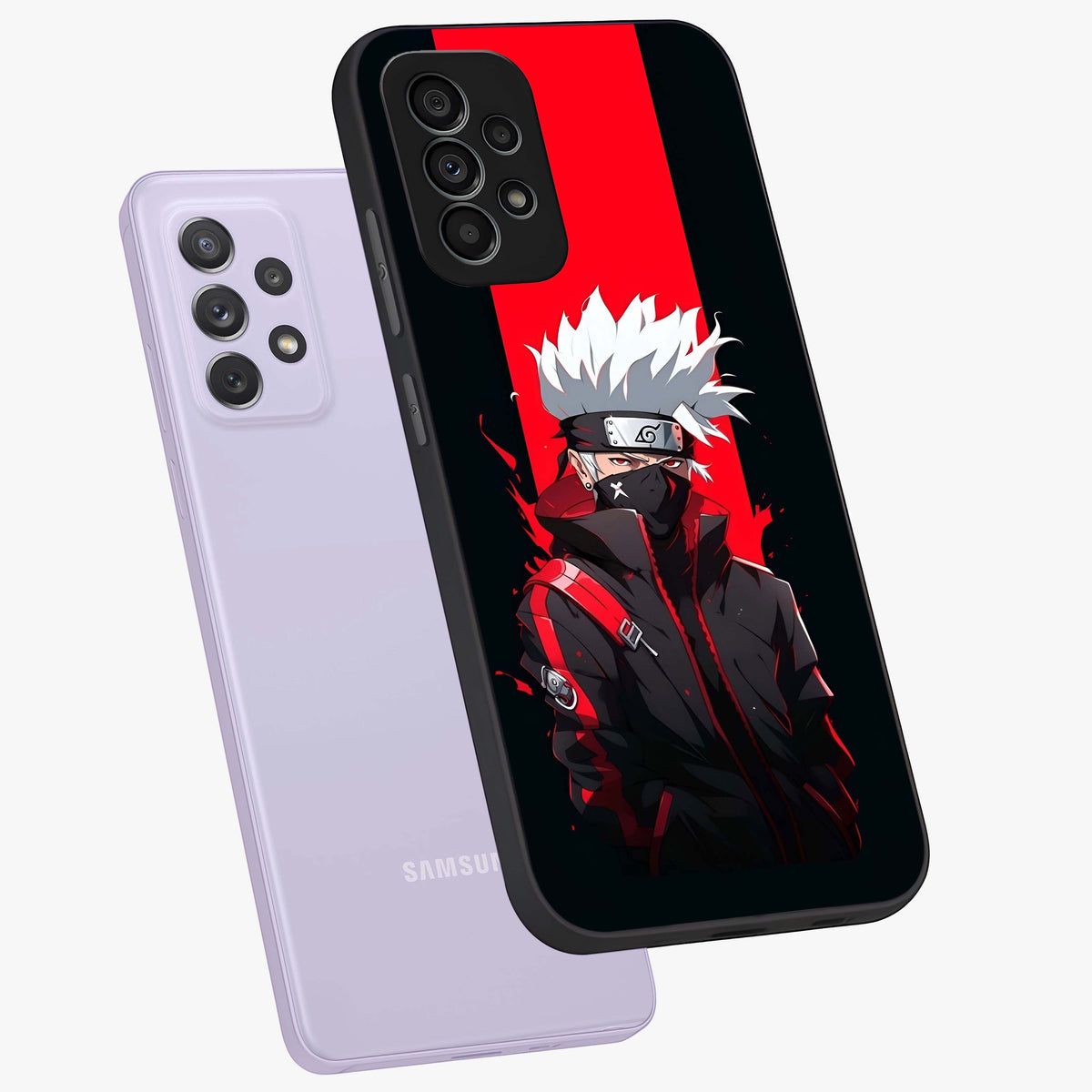 Kakashi Scarlet Shadow Glass Case displayed in angled mockup highlighting dramatic ninja illustration with scarlet themed aesthetic.