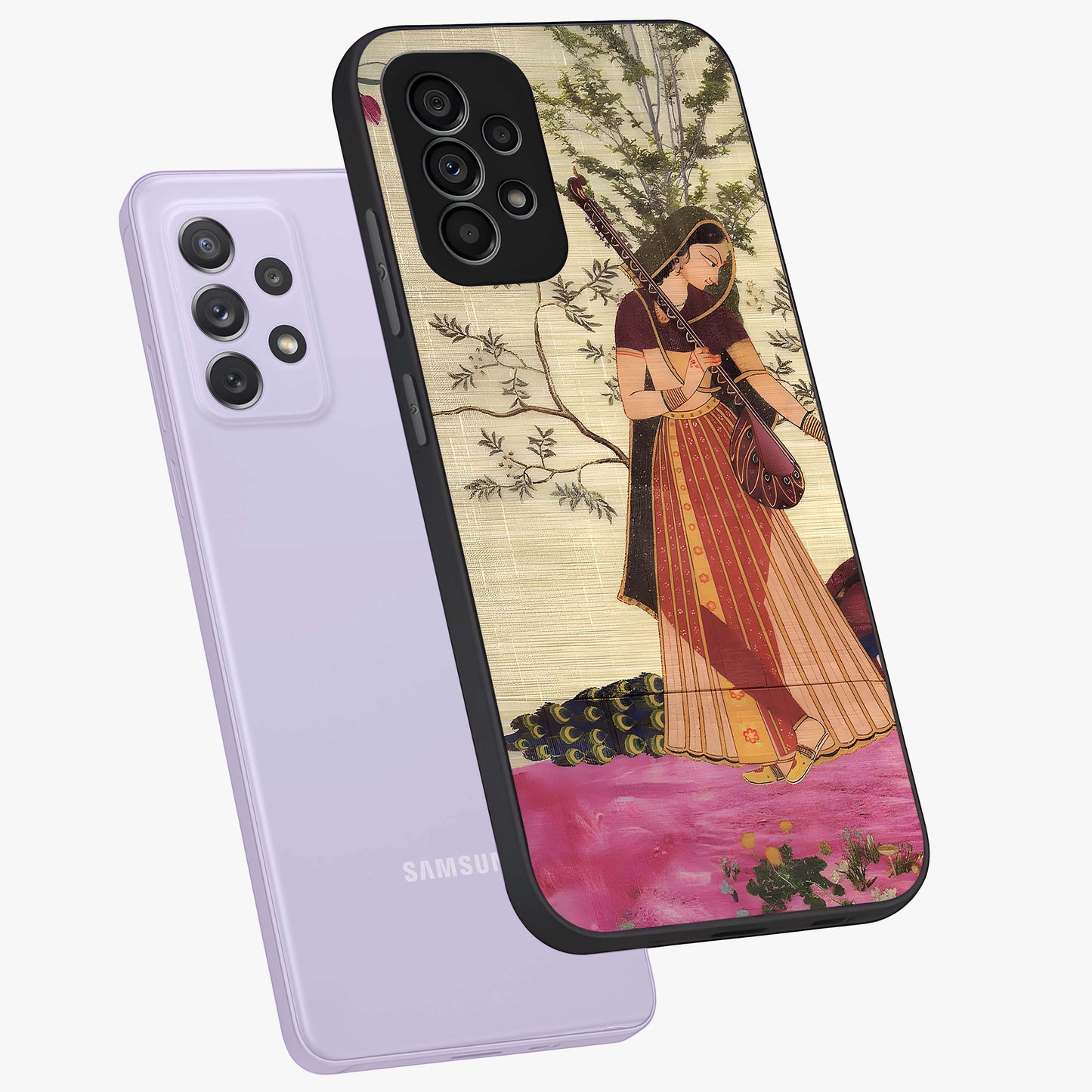 Lady With Veena Art Glass Case displayed in angled mockup highlighting graceful musical illustration with cultural artistic aesthetic.