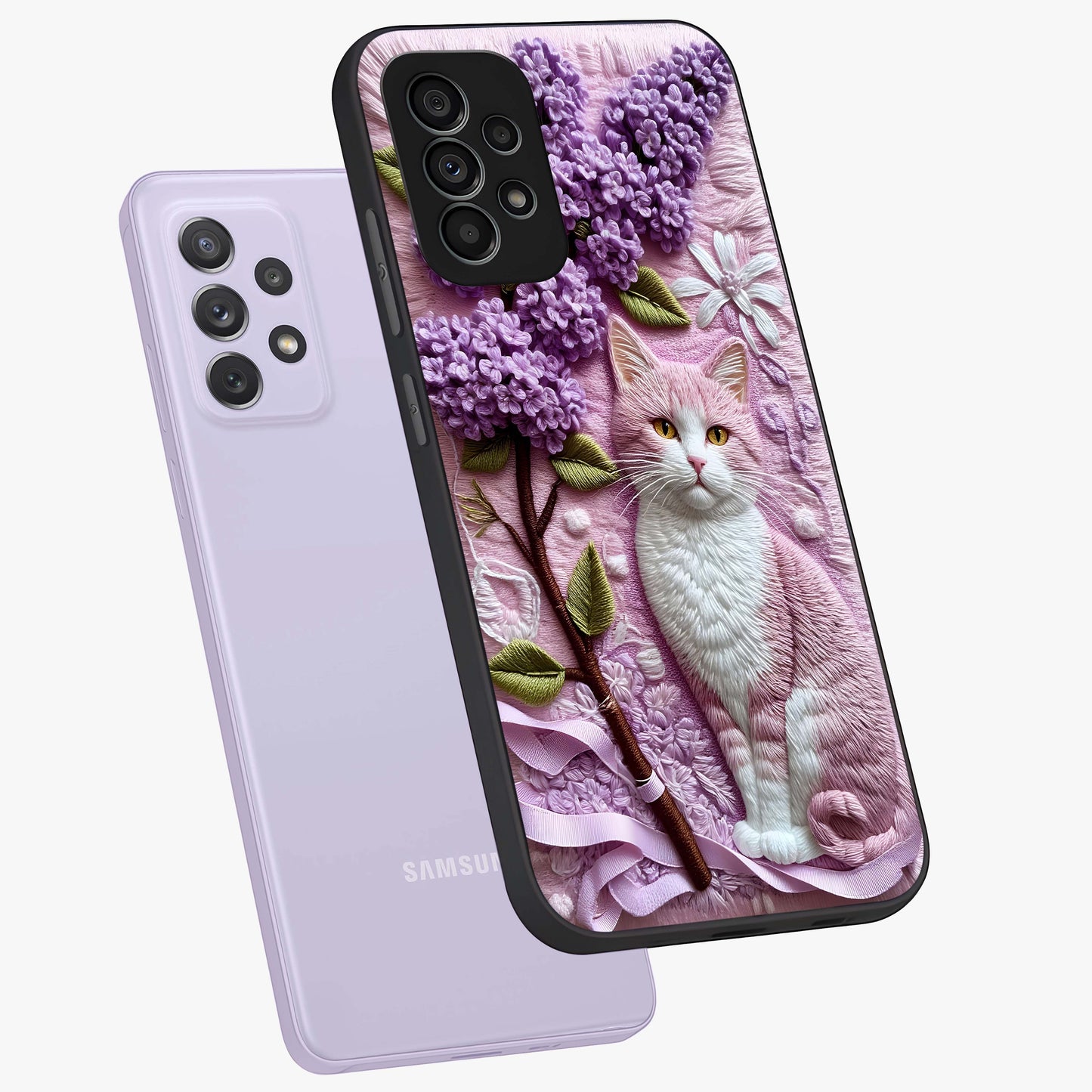 Lavender Cat Whimsy Glass Case displayed in angled mockup highlighting playful feline illustration with pastel lavender aesthetic.