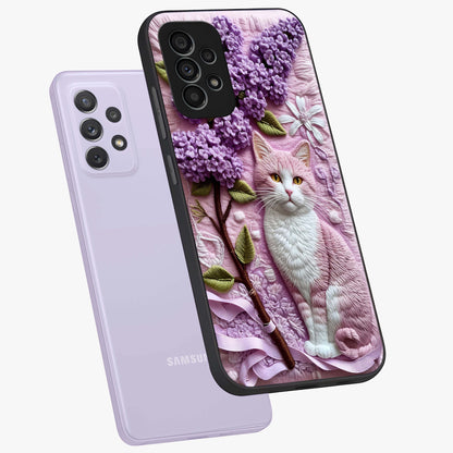 Lavender Cat Whimsy Glass Case displayed in angled mockup highlighting playful feline illustration with pastel lavender aesthetic.